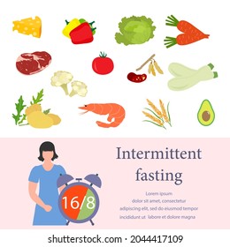 Vector illustration Nutrition Consultant explains Intermittent Fasting method 16-8, time-restricted eating to human Healthy lifestyle proper nutrition Diet food Weight loss Design for web print