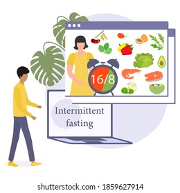 Ilustración vectorial Nutrition Consultant Online explica el método de ayuno intermitente 16/8, comida restringida al tiempo al estilo de vida saludable adecuado nutrición Dieta alimentos Pérdida de peso Diseño para impresión web