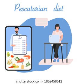 Vector illustration Nutrition Consultant Online explains Pescatarian diet to human. Organic Meal planning. Vegetarian diet food. Healthy lifestyle proper nutrition. Weight loss. Design for web print