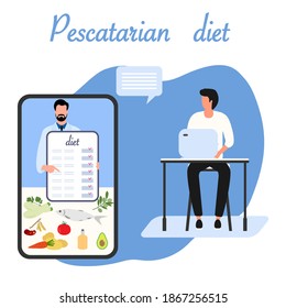 Vector illustration Nutrition Consultant Online explains Pescatarian diet to human. Organic Meal planning. Vegetarian diet food. Healthy lifestyle proper nutrition. Weight loss. Design for web print