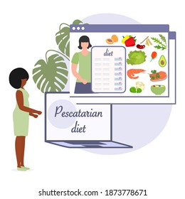 Vector illustration Nutrition Consultant Online explains Pescatarian diet to human. Organic Meal planning. Vegetarian diet food. Healthy lifestyle proper nutrition. Weight loss. Design for web print