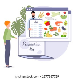 Vector illustration Nutrition Consultant Online explains Pescatarian diet to human. Organic Meal planning. Vegetarian diet food. Healthy lifestyle proper nutrition. Weight loss. Design for web print