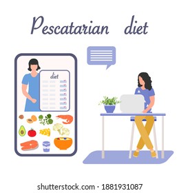 Vector illustration Nutrition Consultant Online explains Pescatarian diet to human. Organic Meal planning. Vegetarian diet food. Healthy lifestyle proper nutrition. Weight loss. Design for web print