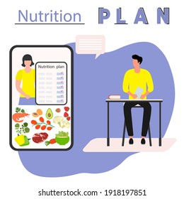 Vector illustration Nutrition Consultant Online explains diet to human. Proper nutrition. Organic Meal planning. Diet food. Healthy lifestyle concept. Eating habits. Weight loss. Design for web, print