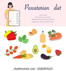 Vector illustration Nutrition Consultant Online explains Pescatarian diet. Organic Meal planning. Vegetarian diet food people. Healthy lifestyle proper nutrition. Weight loss. Design for web, print