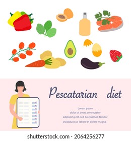 Vector illustration Nutrition Consultant Online explains Pescatarian diet. Organic Meal planning. Vegetarian diet food people. Healthy lifestyle proper nutrition. Weight loss. Design for web, print