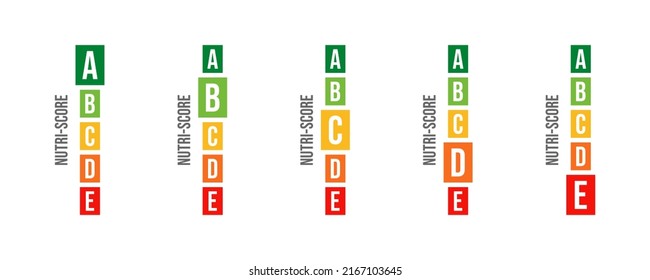 Vector illustration of nutrition labels isolated on white background. Color nutri-score ranging. Health care signs for food and drink packaging. 
