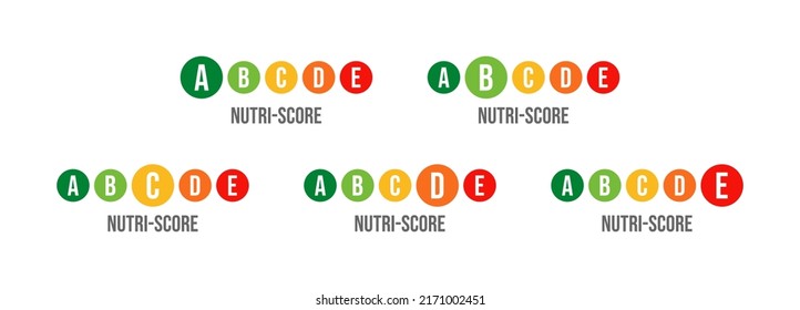 Vector illustration of nutrition labels isolated on white background. Color nutri-score ranging. Health care signs for food and drink packaging. 