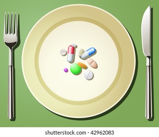 Vector illustration of nutritional care represented by a few pills serving on the plate