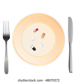Vector illustration of nutritional care represented by a few pills serving on the plate