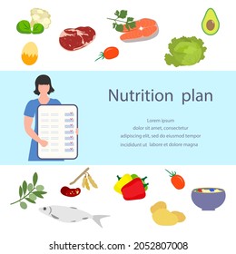 Vector illustration Nutritional consultant tells nutrition plan. Proper nutrition Organic Meal planning. Diet food people. Healthy lifestyle concept. Eating habits. Weight loss. Design  web print