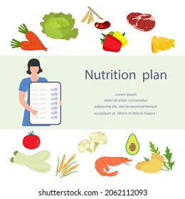 Vector illustration Nutritional consultant tells nutrition plan. Proper nutrition Organic Meal planning. Diet food people. Healthy lifestyle concept. Eating habits. Weight loss. Design  web print