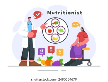 Vector Illustration of a Nutritionist Conducting a Nutritional Examination of Food, including Dietary Supplements, such as Fresh Fruits and Vegetables