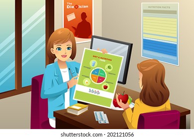 A vector illustration of nutritionist explaining about diet to an overweight woman