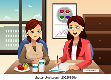 A vector illustration of nutritionist explaining about diet to an overweight woman