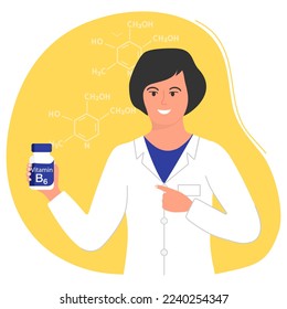 Vector illustration Nutritionist holds bottle of vitamin B6 and recommends taking it Doctor talks about benefits of essential vitamins, minerals for human health Consultations about supplement pills