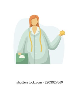 Vector illustration of a nutritionist with scales and measuring tape. Profession.