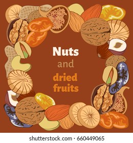 vector illustration nuts  and dried fruits on a brown background