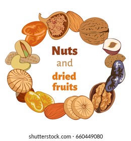 vector illustration nuts and dried fruits on a white background