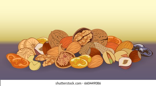 vector illustration A lot of nuts and dried fruits on a blue background