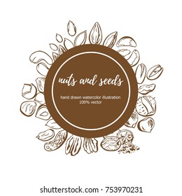 Vector illustration of Nuts and Seeds. Hand drawn doodle objects in circle composition with place for your text. Isolated sketchy elements on brown round label. Package, card, badge, print design.