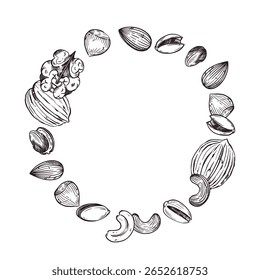 Ilustração vetorial de nozes, nozes, pistaches, amêndoas, avelãs, caju. Todos os objetos são desenhados à mão em vetor. Para impressão em embalagens de porca, para o desenho de departamentos na loja.