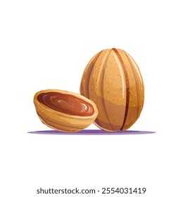 Vector illustration of a nut-shaped cookie with caramel filling. Perfect for use in print and web formats, including packaging, menus, recipe blogs, or dessert-themed designs.