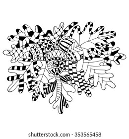 Vector illustration oak brunch, leaves and acorns in doodle style. Coloring book page for adults, joy to order children and adult colorist.  Zentangle pattern for relax and meditation.