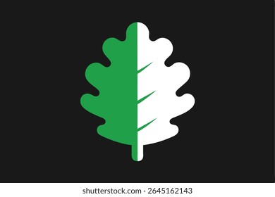 A vector illustration of an oak leaf split vertically half green half white against a black background simple graphic style