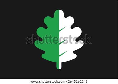 A vector illustration of an oak leaf split vertically half green half white against a black background simple graphic style