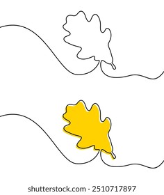 Vector illustration of oak leaves in continuous line art style, featuring black outlines with a yellow accent on one leaf.