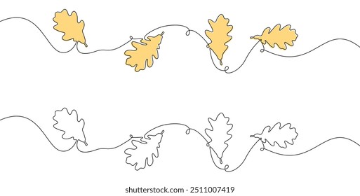 Vector illustration of oak leaves in continuous line art style, featuring alternating yellow-accented leaves and black outlines.