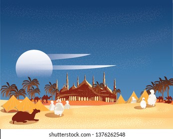 Vector illustration of Oasis in Arabian desert.Bedouin or travellers Islamic in Egypt or desert prays to god in Ramadon Celebration month.Landscape of Muslim cultural tradition and Bedouin Life. 