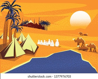 Dibujo vectorial de Oasis en el desierto árabe. Beduinos o viajeros islámicos en Egipto o el desierto reza a Dios en el mes de la celebración del Ramadán. Panorama de la tradición cultural musulmana y la vida beduina.