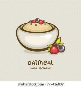 Vector illustration of oatmeal bowl with forest berries. Traditional healthy breakfast. Tasty morning food.