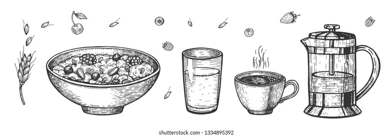 Vektorgrafik von Hafer Müsli-Frühstücksset. Verpflegung mit Obststücken in Teller, Kaffee, französische Presse, Tasse Tee, Glas Milch, Spikelett von Weizen. Vintage handgezeichnet Stil.