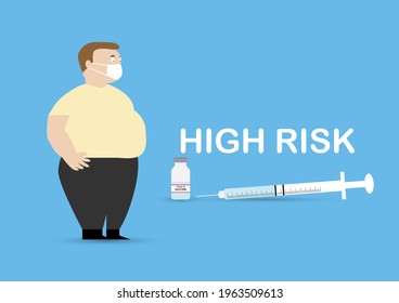 Vector illustration of obese adult man and bottle of covid-19 vaccine, syringe and needle. Obesity is hgh risk of covid-19 infection.