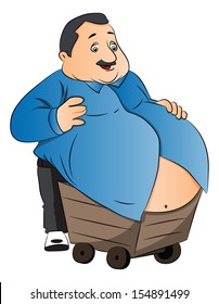 Vector illustration of an obese man carrying his fat stomach on wheelcart.