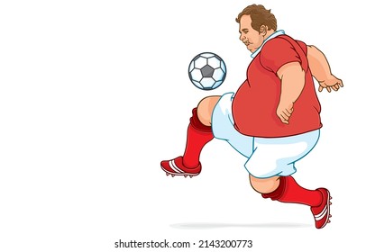 Vector illustration of obese soccer player or overweight man athlete kicking ball with his knees,play sports to lose weight,isolated on white background,Sports for good health and entertainment.