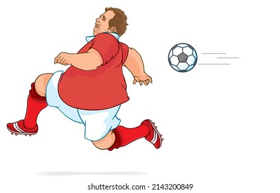 Vector illustration of obese soccer player or overweight man athlete run away,dodge the ball,play sports to lose weight,isolated on white,funny football match,Sports for good health and entertainment.