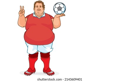 Vector illustration of obese soccer player holding soccer ball and showing victory sign while standing on white,smiling broadly,play sports to lose weight,Favorite game for good health,entertainment.