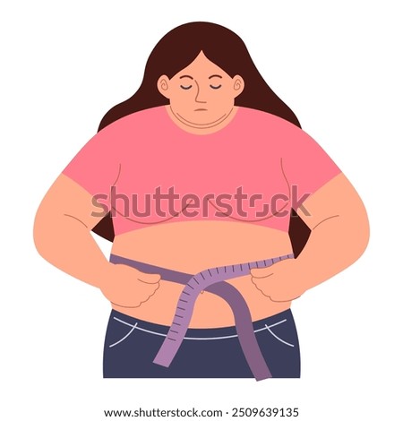 Vector illustration of obese woman. Problems with excess weight, bad eating habits, gluttony, obesity, unhealthy diet. concept of weight loss and diet.