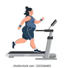 Vector illustration of an obese woman running on a treadmill. Preparation for sports competitions. Sports, workouts, weight loss, running. Flat illustration