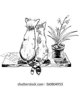 Vector illustration or object for design cards, ad and other, for example, for Valentine's Day. Black drawing by hand with the image enamored cats, letter and a flower on a white background.