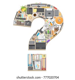 Vector illustration. Objects for business in the form of a question. Top view. Desktop accessories. (view from above) 