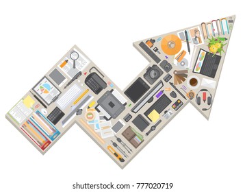 Vector illustration. Objects for business in the form of arrows.Top view. Desktop accessories. (view from above) 