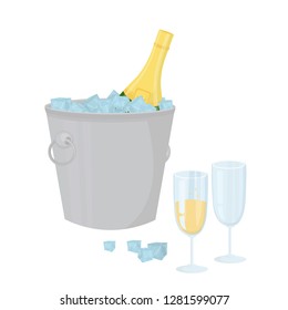 Vector illustration with objects: champagne, glasses, empty glass, ice bucket, ice. Design elements isolated on white-Vector