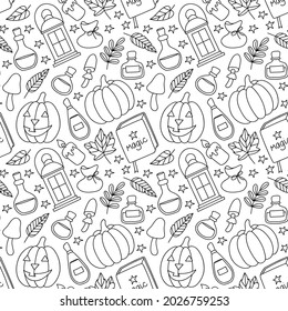 Vector illustration with objects for Halloween drawn in the style of doodle. For printing on fabric, packaging, banners and much more. Seamless vector pattern with pumpkins, potions, herbs, etc.