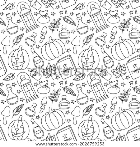 Vector illustration with objects for Halloween drawn in the style of doodle. For printing on fabric, packaging, banners and much more. Seamless vector pattern with pumpkins, potions, herbs, etc.
