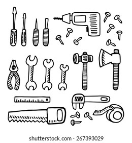 Vector illustration with objects for home repairs. Hand drawn tools design elements set. 
